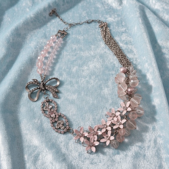 Romantic Pink Statement Necklace with Bow & Floral Beads, Vintage Inspired - Picture 1 of 16